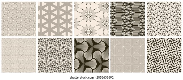 Seamless vector pattern set. Abstract simple geometrical texture. Dark brown on yellow old paper background.  Retro thin lines. Modern lattice graphic design.
