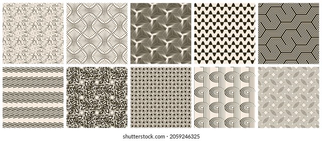 Seamless vector pattern set. Abstract simple geometrical texture. Dark brown on yellow old paper background.  Retro thin lines. Modern lattice graphic design.