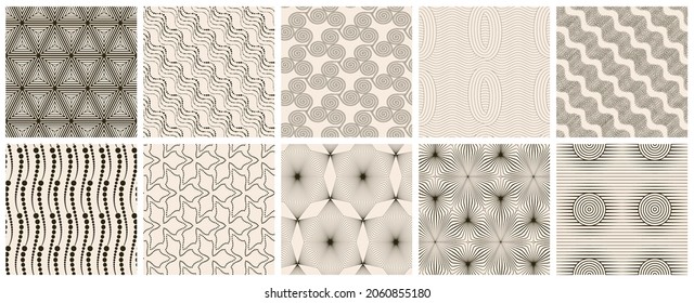 Seamless vector pattern set. Abstract simple geometrical texture. Dark brown on yellow old paper background.  Retro thin lines. Modern lattice graphic design.