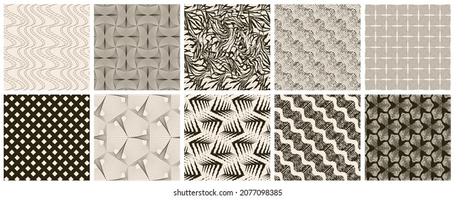 Seamless vector pattern set. Abstract simple geometrical texture. Dark brown on yellow old paper background.  Retro thin lines. Modern lattice graphic design.