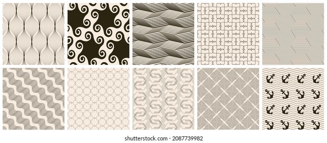 Seamless vector pattern set. Abstract simple geometrical texture. Dark brown on yellow old paper background.  Retro thin lines. Modern lattice graphic design.