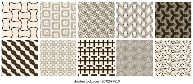 Seamless vector pattern set. Abstract simple geometrical texture. Dark brown on yellow old paper background.  Retro thin lines. Modern lattice graphic design.