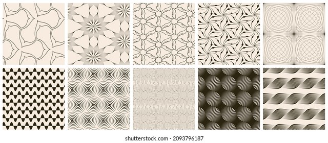 Seamless vector pattern set. Abstract simple geometrical texture. Dark brown on yellow old paper background.  Retro thin lines. Modern lattice graphic design.