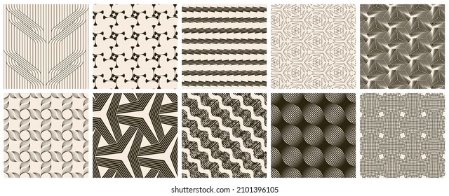 Seamless vector pattern set. Abstract simple geometrical texture. Dark brown on yellow old paper background.  Retro thin lines. Modern lattice graphic design.