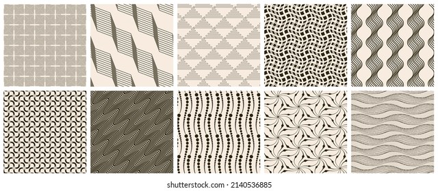 Seamless vector pattern set. Abstract simple geometrical texture. Dark brown on yellow old paper background.  Retro thin lines. Modern lattice graphic design.