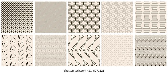 Seamless vector pattern set. Abstract simple geometrical texture. Dark brown on yellow old paper background.  Retro thin lines. Modern lattice graphic design.