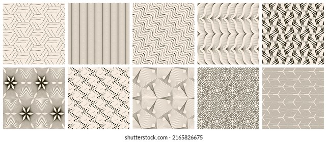 Seamless vector pattern set. Abstract simple geometrical texture. Dark brown on yellow old paper background.  Retro thin lines. Modern lattice graphic design.