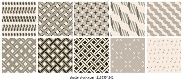 Seamless vector pattern set. Abstract simple geometrical texture. Dark brown on yellow old paper background.  Retro thin lines. Modern lattice graphic design.