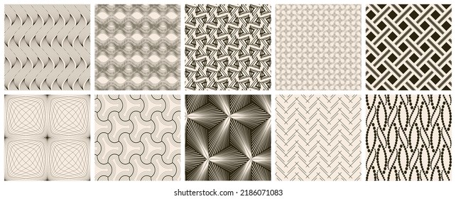 Seamless vector pattern set. Abstract simple geometrical texture. Dark brown on yellow old paper background.  Retro thin lines. Modern lattice graphic design.