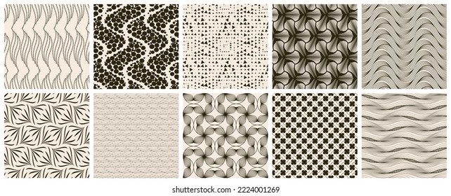 Seamless vector pattern set. Abstract simple geometrical texture. Dark brown on yellow old paper background.  Retro thin lines. Modern lattice graphic design.