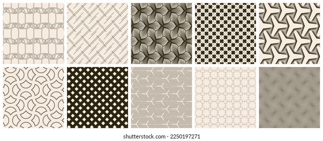 Seamless vector pattern set. Abstract simple geometrical texture. Dark brown on yellow old paper background.  Retro thin lines. Modern lattice graphic design.