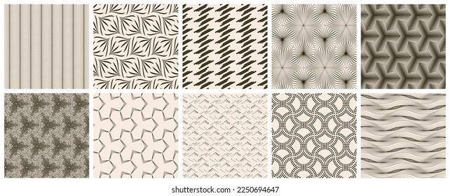 Seamless vector pattern set. Abstract simple geometrical texture. Dark brown on yellow old paper background.  Retro thin lines. Modern lattice graphic design.