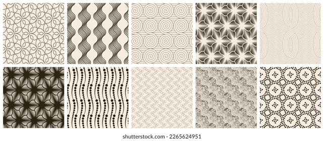 Seamless vector pattern set. Abstract simple geometrical texture. Dark brown on yellow old paper background.  Retro thin lines. Modern lattice graphic design.