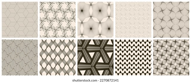 Seamless vector pattern set. Abstract simple geometrical texture. Dark brown on yellow old paper background.  Retro thin lines. Modern lattice graphic design.