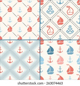 Seamless vector pattern set of anchor, sailboat shape in frame and polka dot. Endless texture for printing onto fabric, web background or invitation. White, blue, red colors