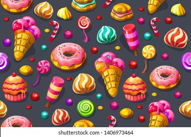 Seamless vector pattern "Set of candy". Lollipops, cakes, ice cream, caramel and marmalade. Vector illustration.