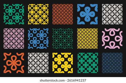 Seamless vector pattern set with clover like flower shapes in outline and linear style on dark backgrounds. Vibrant geometric design, perfect for wallpapers, backgrounds, and prints
