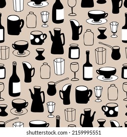 Seamless vector pattern with a set of dishes drawn in doodle style. Minimalistic decanter, teapot, cup, vintage glasses, wine glasses, shot glass, bottle of wine.