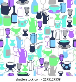 Seamless vector pattern with a set of dishes drawn in doodle style. Minimalistic decanter, teapot, cup, vintage glasses, wine glasses, shot glass, bottle of wine.