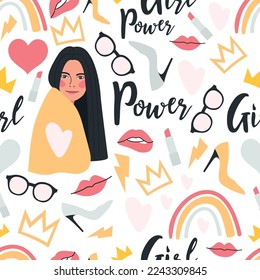 Seamless vector pattern with a set of elements - a young woman, glasses, hearts, high heels, lips, lipstick, crowns, rainbows, and inscriptions. Endless background of "Girl Power" concept