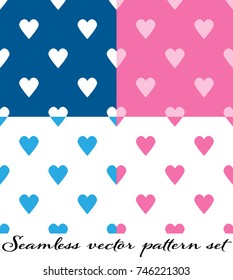 Seamless vector pattern set. Seamless heart pattern in white, blue and pink on white, blue and pink background. For Valentine's day concept.