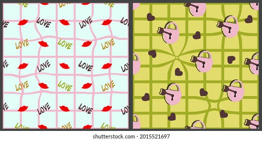 Seamless vector pattern set on isolated background. Depicted are locks with keys, lips, hearts, the inscription love on a background of curved stripes. Great print. 