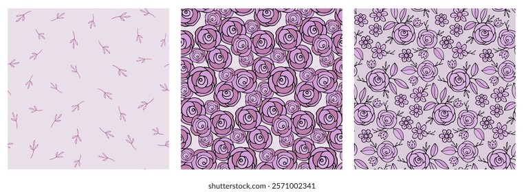 Seamless vector pattern set with pink roses, blue flowers, yellow daisies, and green leaves on a light beige background. Perfect for romantic, floral, and decorative designs.