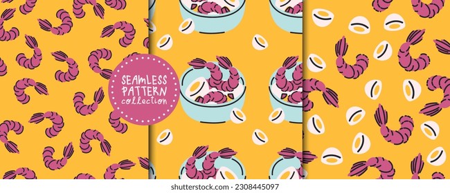 Seamless vector pattern set with shrimp and eggs in a simple style. Food of Asia. Backgrounds, prints, designs 