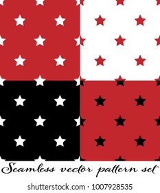 Seamless Vector Pattern Set. Seamless Star Pattern In Black, White And Red On White, Black And Red Background. 