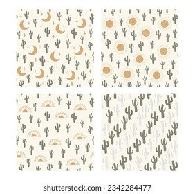 Seamless vector pattern set - summer cactus on desert.