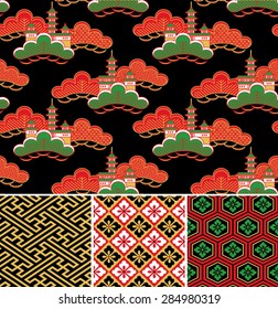 Seamless vector pattern set. Traditional japanese ornamental motives.