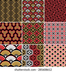 Seamless vector pattern set. Traditional japanese ornamental motives.