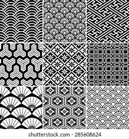 Seamless vector pattern set. Traditional japanese ornamental motives.