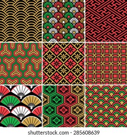 Seamless vector pattern set. Traditional japanese ornamental motives.
