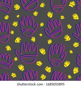 Seamless vector pattern, set of a violet and yellow open human palms on a dark gray background 