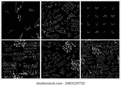 Seamless vector pattern set. White text on a black background. Lettering on the chalkboard. Handwritten words in chalk. Letter background. Blackboard illustration