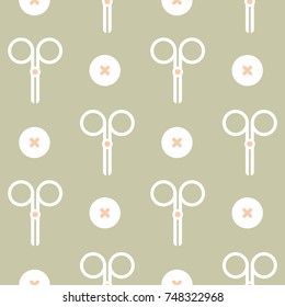 Seamless vector pattern with sewing elements — scissors and simple buttons on trendy beige background. Good for cards, textile print, cover paper and other thematic design.