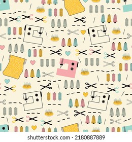 Seamless vector pattern with sewing machines, overlock thread, sewing thread, scissors, pincushions, fabric. Home hobby pattern in vintage pastel blue, pink, yellow, black and beige.