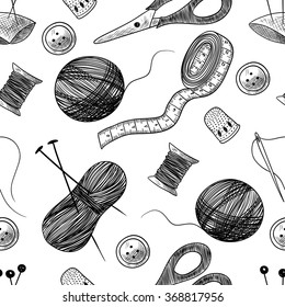 Seamless vector pattern with sewing things. Thimble, needle, thread, bobbin, scissors. Black and white background