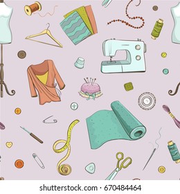 Seamless vector pattern sewing. Tools and materials. Drawings on a light purple background
