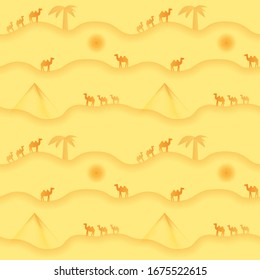 Seamless vector pattern in shades of yellow and orange. Hot desert landscape with camel caravans, pyramids and palms, wavy lines of sand dunes. Exotic oriental illustration for tourism and adventure. 