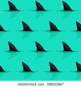 Seamless vector pattern of shark fins on a light blue background painted by hand. Shark print. Diving swim. 