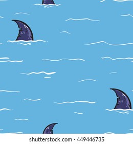 Seamless vector pattern of shark fins on a blue background, hand-drawn.