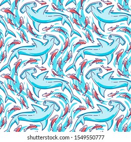 Seamless vector pattern with sharks and fish. Modern background for prints, T-shirts, textiles and fabric.