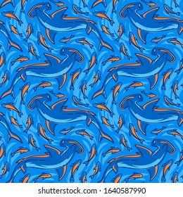 Seamless vector pattern with sharks and fish.