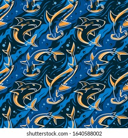 Seamless vector pattern with sharks. Modern background for textiles and fabric.