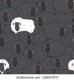 Seamless vector pattern with sheep. Black and one white sheeps.