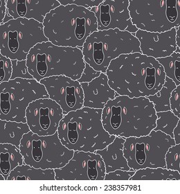Seamless vector pattern with sheep. Black sheeps with white contour.