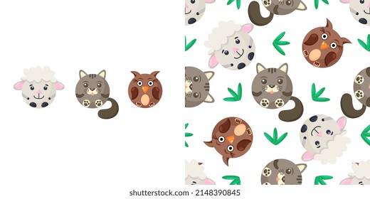 Seamless vector pattern of sheep, cat, owl. Round sheep, cat, owl on background. 