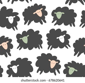 Seamless vector pattern with sheep, ewe. Decorative childish texture, cute background